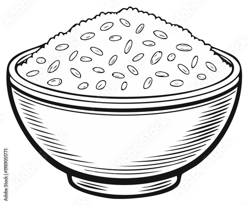 Uncooked rice grains in a bowl healthy food ingredient vintage line art illustration