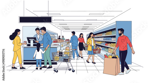 Busy supermarket interior scene with customers shopping for groceries, a cashier at the checkout, and shelves full of various products.