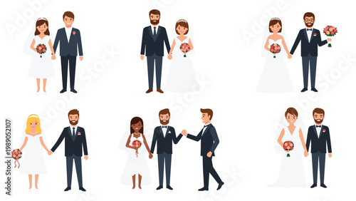 Diverse collection of six happy wedding couples in various styles of bridal wear and formal suits for marriage celebrations.