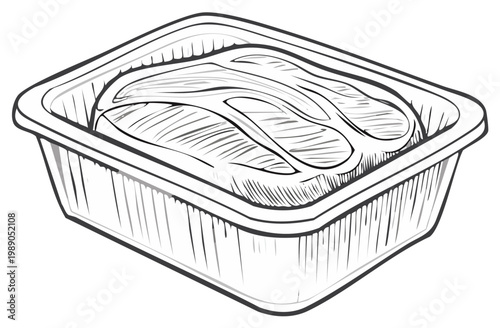 Black and white line art of raw meat steaks in a disposable plastic food container for retail packaging