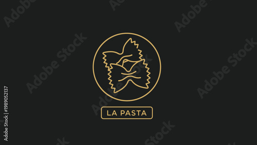 Minimalist gold line art logo of farfalle bow tie pasta on a black background with elegant typography for an Italian restaurant.