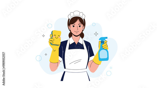 Cheerful maid or cleaning professional wearing a uniform and holding a smiling yellow sponge and a blue spray cleaning bottle.