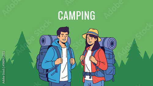 Adventurous couple with large hiking backpacks standing together in a forest setting for a fun outdoor camping trip illustration.