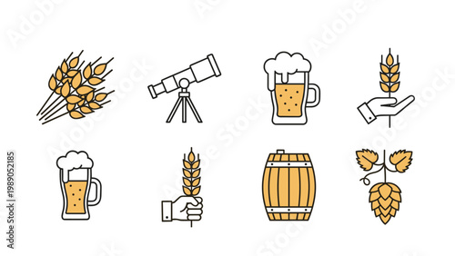 Collection of eight brewery and beer related icons including wheat stalks, a telescope, beer mugs, a wooden barrel, and hops.