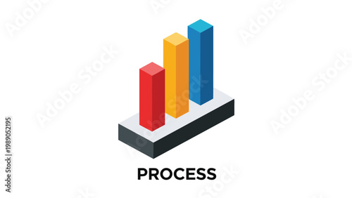 Isometric three dimensional bar chart representing a business process with colorful red yellow and blue columns on a base.
