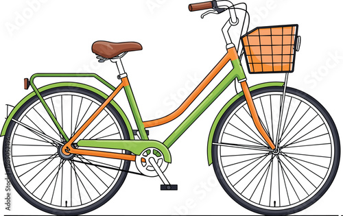 Vintage green and orange bicycle with basket on white background
