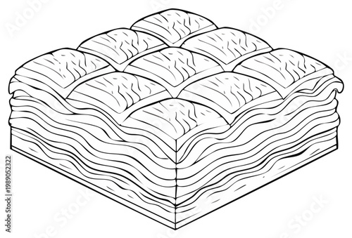 Detailed line art illustration of a stacked geometric pastry featuring layers of thin dough and syrup