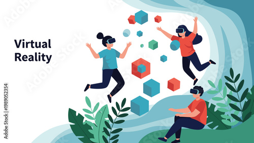 Group of people experiencing immersive technology with virtual reality headsets while floating among colorful cubes and leaves.