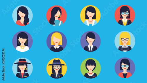Set of twelve diverse female avatar icons with different hairstyles and accessories displayed in colorful circles on blue.