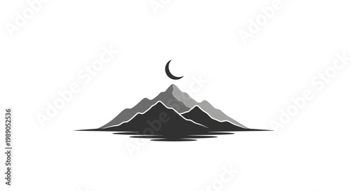 a black and white mountain range with a crescent moon.