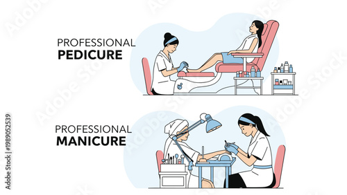 Professional beauty service illustration showing a woman getting a pedicure and two people during a manicure session in a salon.