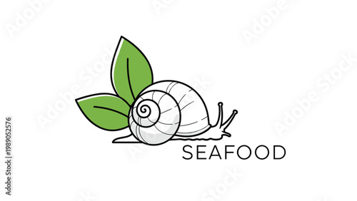 Simple line art drawing of a garden snail next to two green leaves with the word seafood written in minimalist black text.