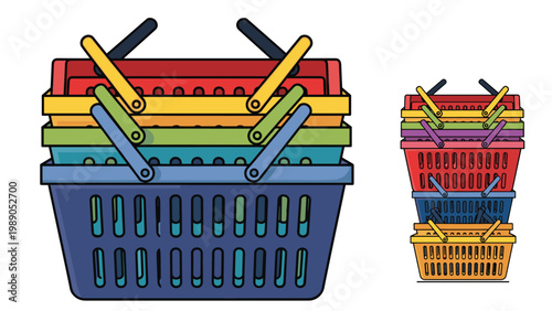 Stack of colorful plastic shopping baskets in various sizes, useful for retail store equipment and grocery market business concepts.
