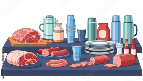 Assorted picnic food including meat cuts, sausages, and drinks displayed on shelves, depicting preparation for a summer outdoor party.