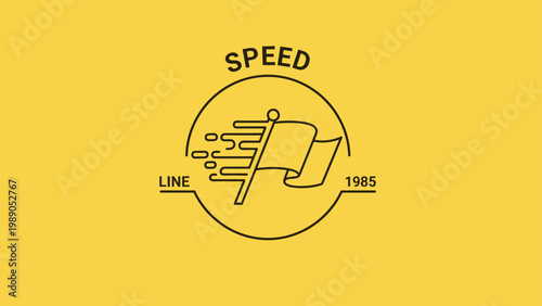 Minimalist logo design for speed line showing a moving flag inside a circle, ideal for sports, racing, and fast delivery branding.