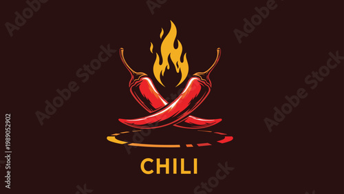Spicy chili logo design featuring two crossed red peppers with bright orange flames against a dark brown background for a food brand.