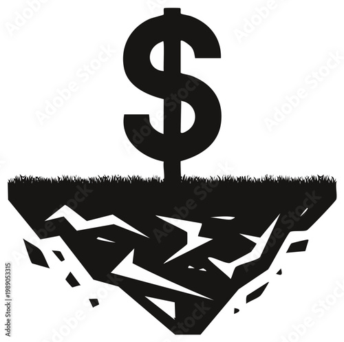 Dollar sign above cracked ground symbolizing economic instability and financial crisis