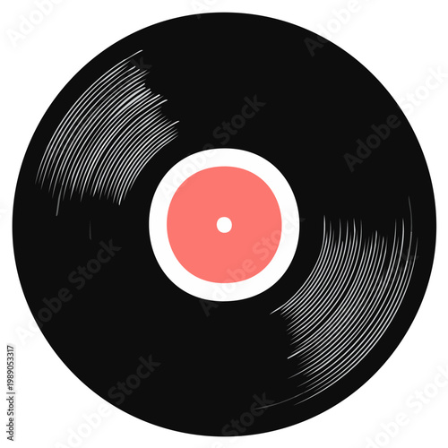 Black Vinyl Record Graphic: Music Disc Illustration with Coral Pink Label, Grooves, Retro Sound