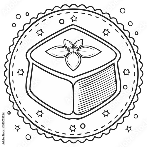 Stylized illustration of a layered dessert with basil garnish in a decorative circular frame