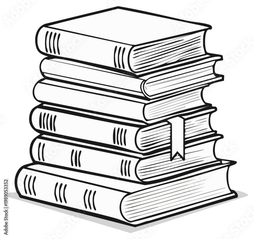 Stack of six hardcover books with detailed line art and a bookmark resting in place.