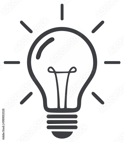 Outline of a glowing light bulb, representing ideas and creativity on white background