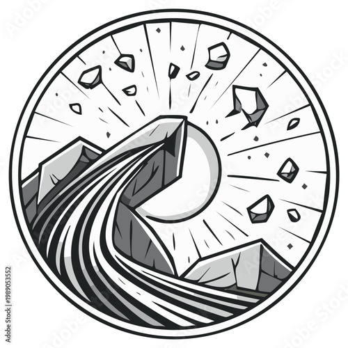 Abstract Mountain Landscape with Exploding Rocks and Sunburst