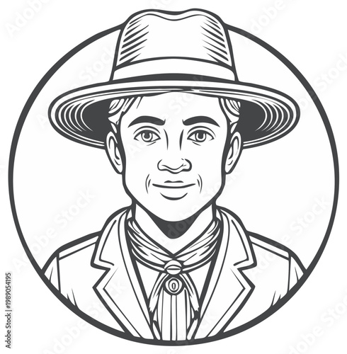 Vintage style black and white line art portrait of a young farmer in a hat