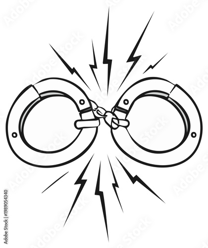 Illustration of linked handcuffs with radiating lightning bolts suggesting arrest or justice