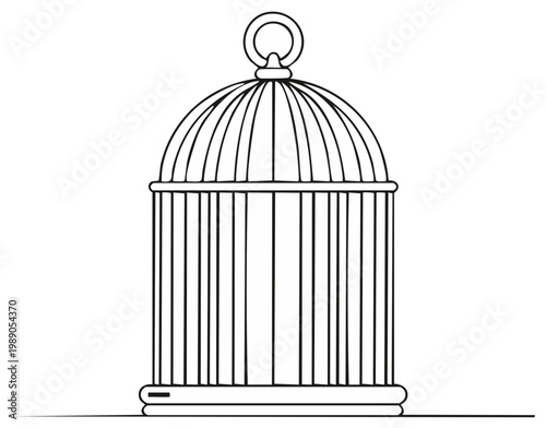 Simple outline drawing of a classic birdcage with a domed top and metal bars