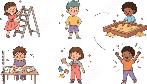 Hand Drawn Kids Activity Illustration Set with Children Playing, Studying, Puzzle Solving, Climbing Ladder, and Sandbox Fun for Education and Childhood Concepts