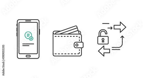 Mobile payment wallet and security icons for digital transactions.