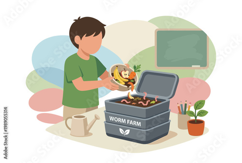 Boy composting food waste in a worm farm for sustainable living