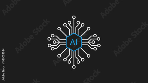 Abstract Hexagonal AI Chipset with Connection Lines on Dark Background Representing Artificial Intelligence