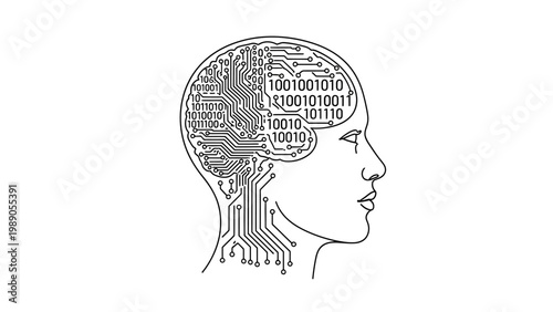 Digital brain with intricate circuit board patterns and binary code symbolizing artificial intelligence and advanced technological thought processes