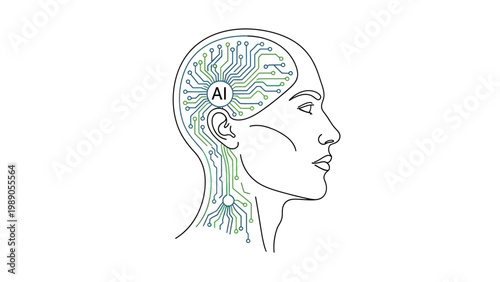 Artificial Intelligence concept with a human head outline showing circuitry and the abbreviation AI in a circle