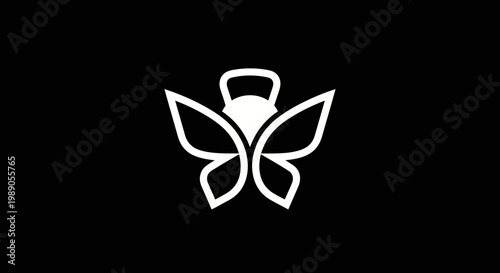 Abstract butterfly with kettlebell fitness logo design on black background