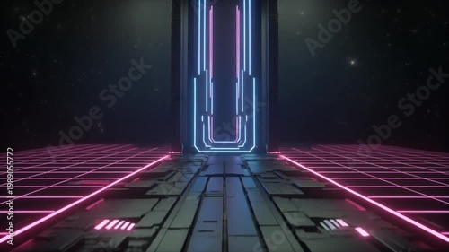 Futuristic neon-lit corridor with pink and blue glowing lines and grid