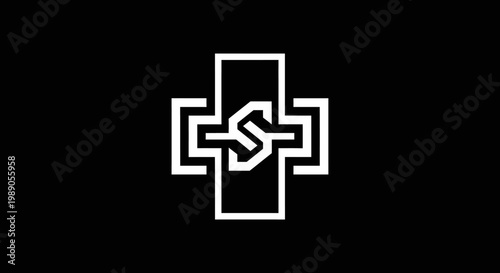 Abstract geometric cross symbol in black and white design