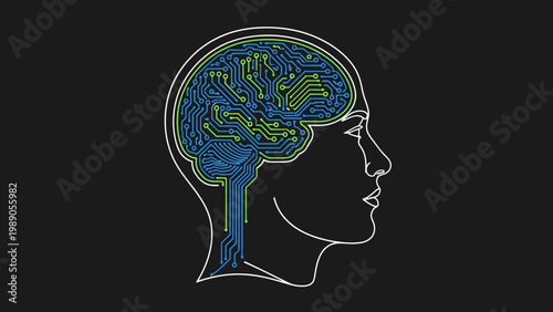 Artificial Intelligence concept with central AI label surrounded by interconnected circuitry nodes forming a circular pattern, representing network and technology