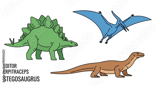 Three different dinosaurs and a pterodactyl illustration.