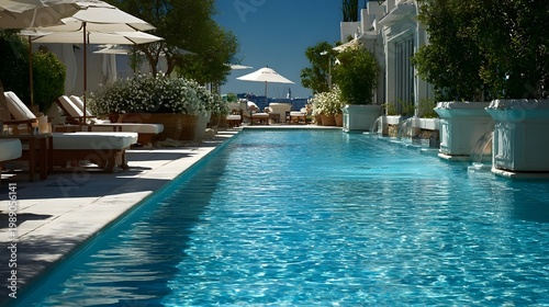 A pixelated image of a swimming pool with lounge chairs and umbrellas