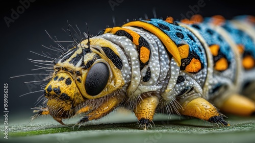 Extremely detailed macro view captures the vibrant coloration of a segmented larva