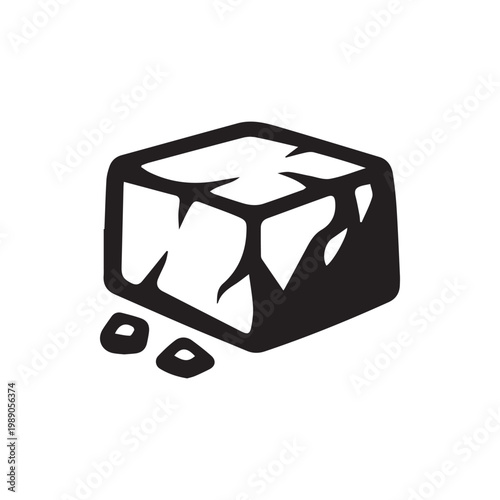 Stylized black ice cube graphic with textured surface and small melt pieces below
