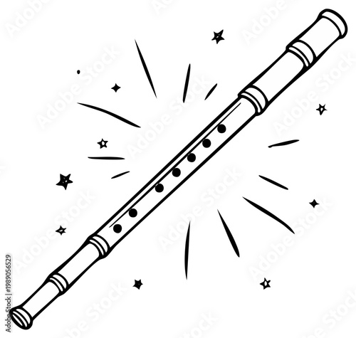 Simple Line Art Drawing of a Recorder Musical Instrument with Stars and Light Rays