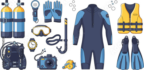 Scuba diving equipment set including wetsuit, oxygen tanks, and safety gear on white background