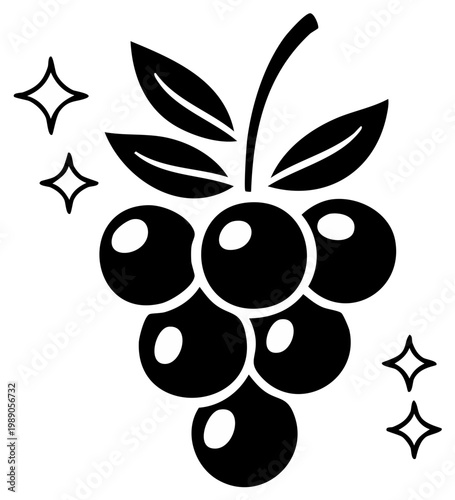 Stylized cluster of dark berries with leaves and sparkling star accents in a clean graphic illustration