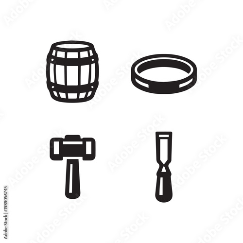 Black Silhouette Icons of Traditional Barrel Components and Woodworking Tools