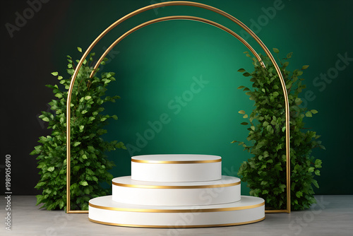 Elegant tiered podium with golden arch and lush green foliage for product display and event staging