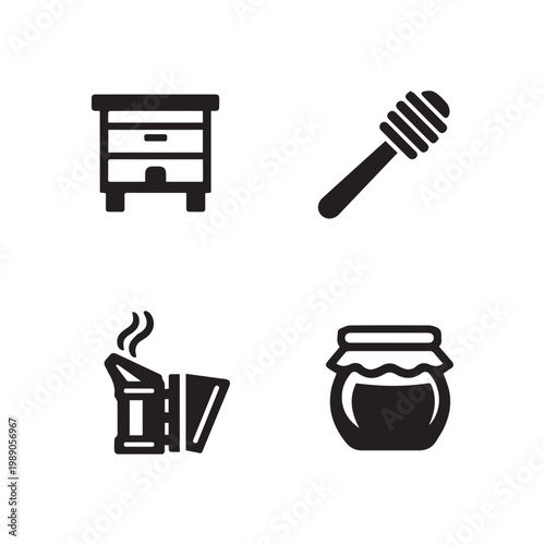 Beekeeping Lifestyle Icons Beehive Smoker Dipper and Sweet Golden Honey Jar