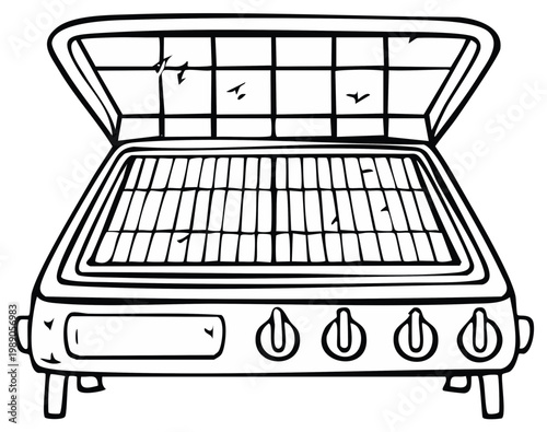 Barbecue Grill Line Art Isolated on White Outdoor Cooking Appliance with Knobs and Rack